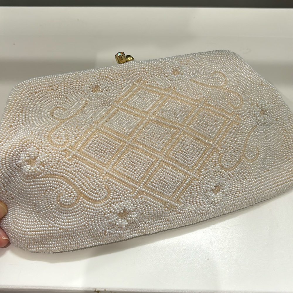 Vintage Clutch Evening Bag Beaded Off White Pearl Made in Japan Wedding